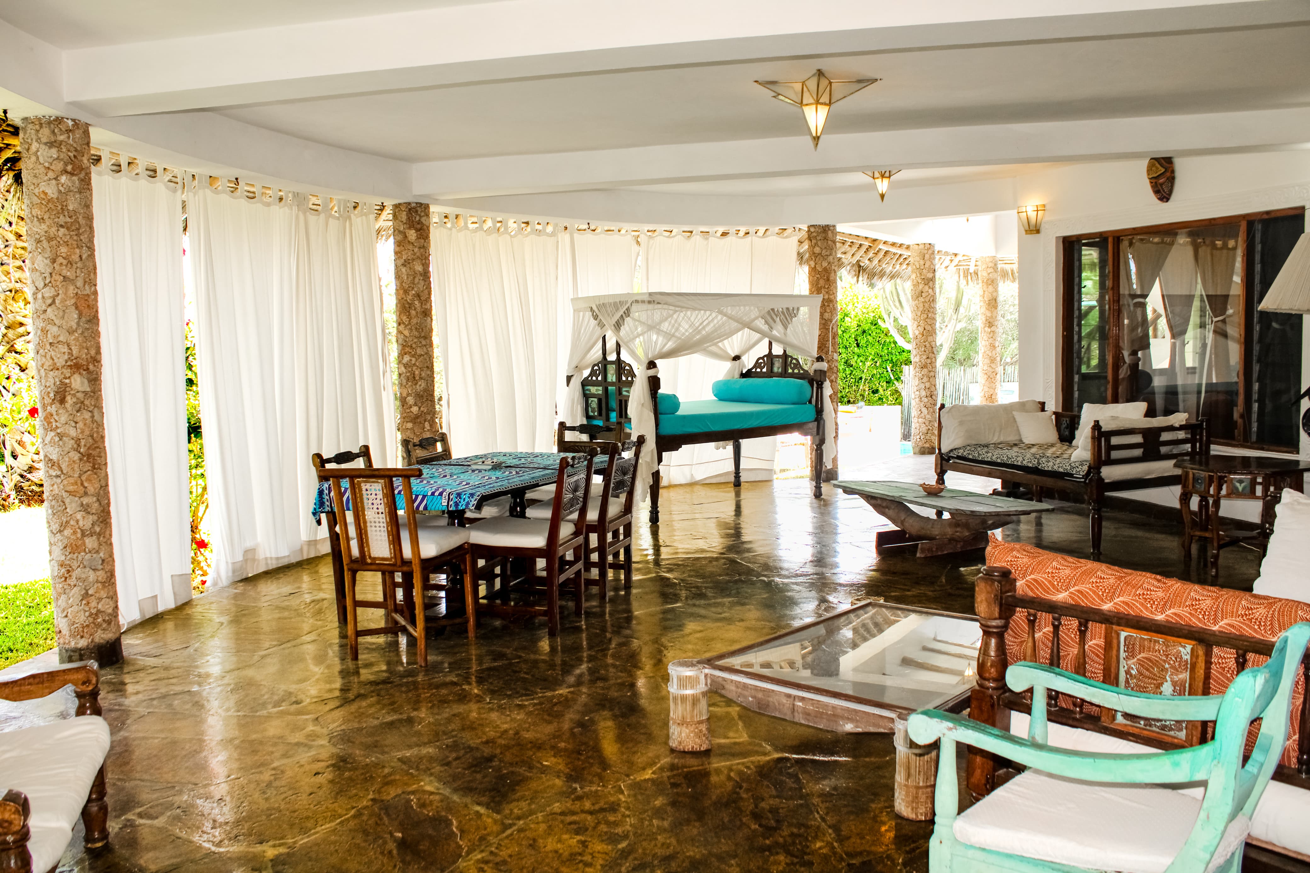 Spacious living room inside Nyumba Stella beachfront villa
